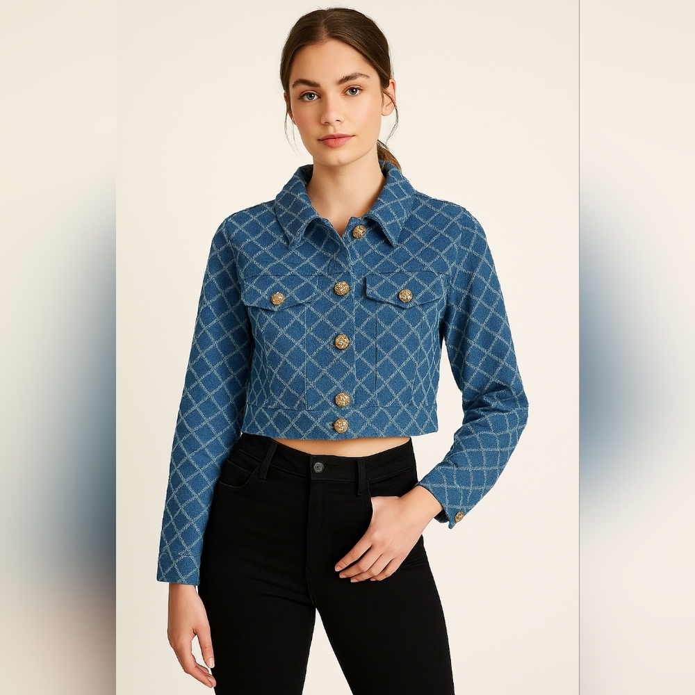 Endless Rose Cropped Denim Jacket with Gold Buttons Size S NWT